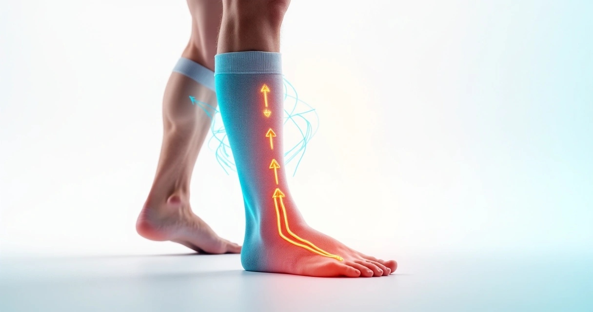 Detalhe da compressão graduada em meia masculina, com indicação visual de pressão em diferentes alturas da perna 