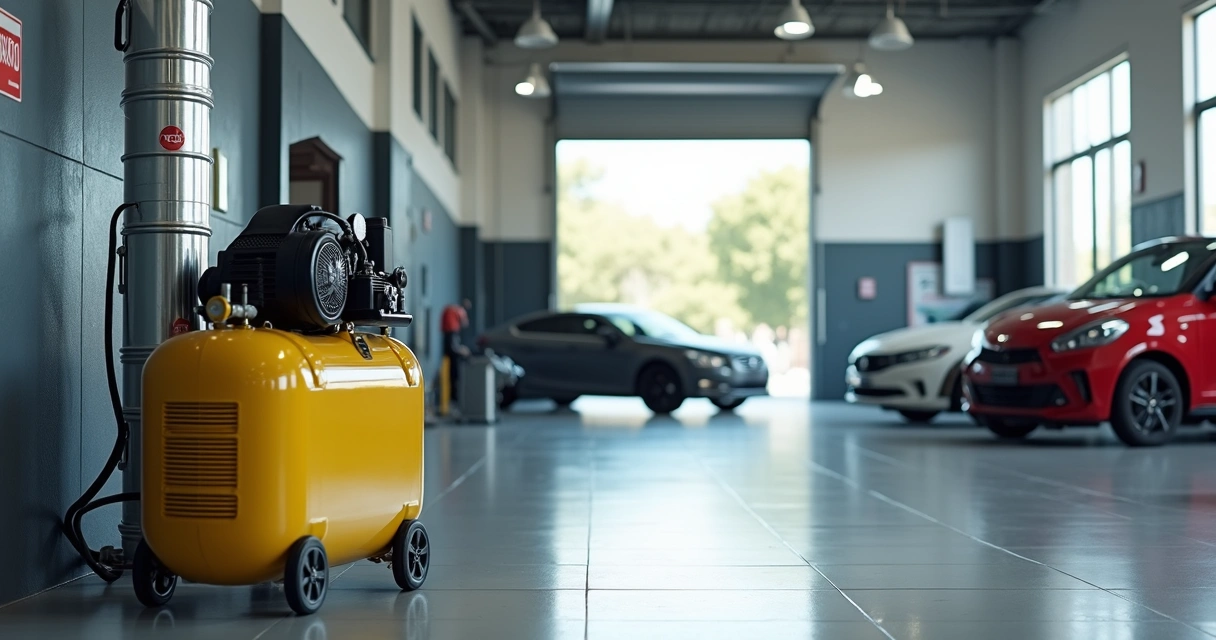 Compressor de ar próximo a sistema de exaustão em oficina automotiva 