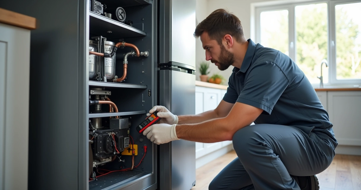 Técnico verificando compressor de geladeira aberta em cozinha moderna 