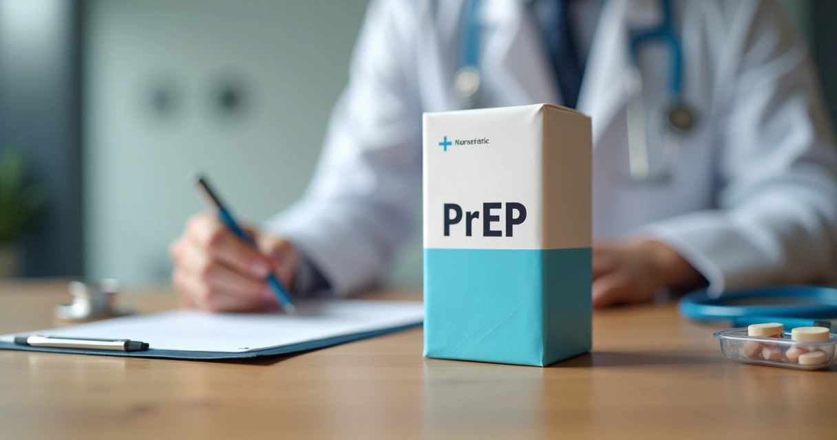 Caixa de comprimidos de PrEP sobre mesa de consultório médico 