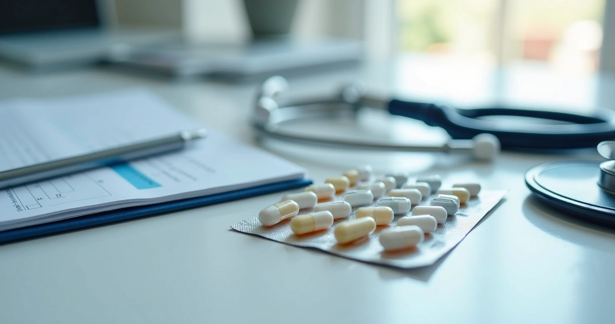 Comprimidos ao lado de estetoscópio e bloco de consulta médica