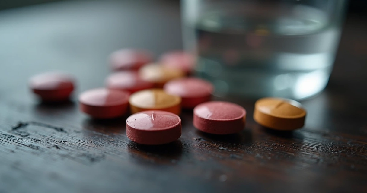 Comprimidos coloridos para disfunção erétil em superfície de madeira escura 