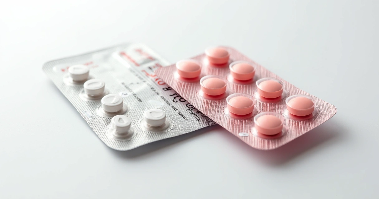 Duas embalagens diferentes de contraceptivo de emergência sobre fundo branco.