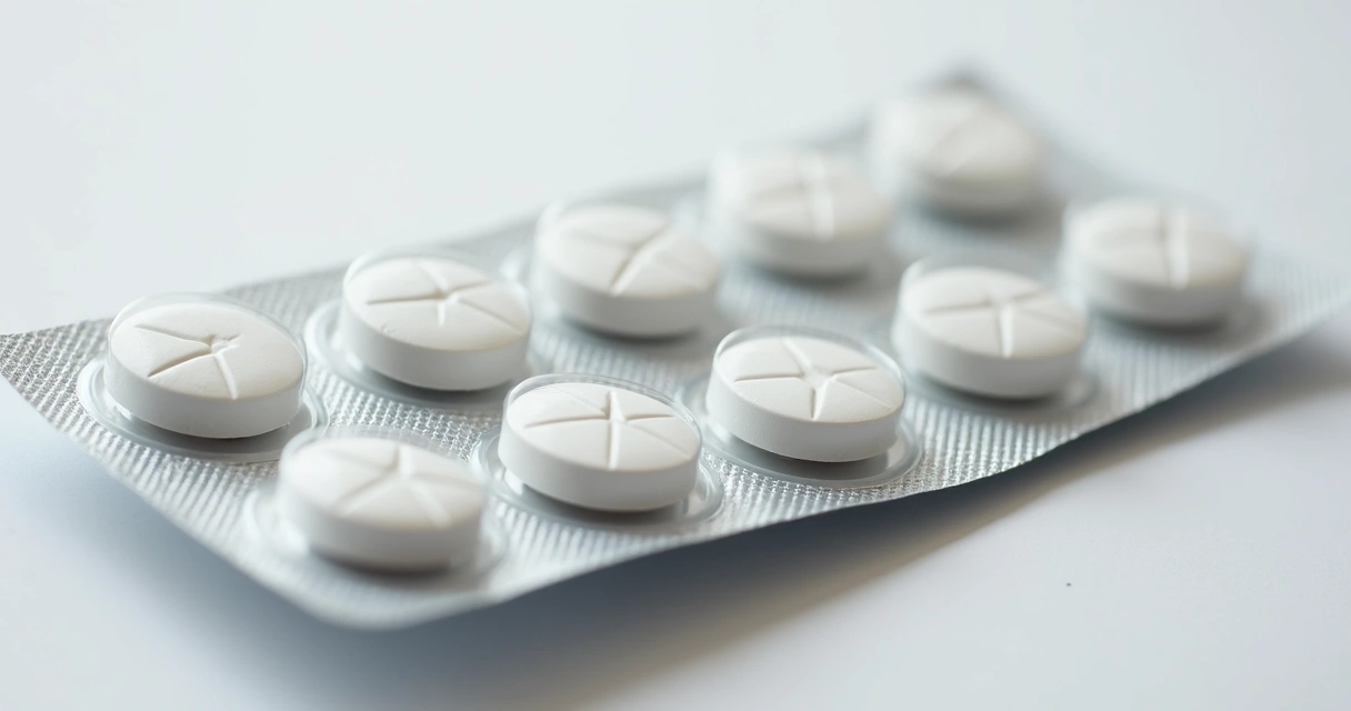 Comprimidos brancos alinhados em embalagem de cartela 