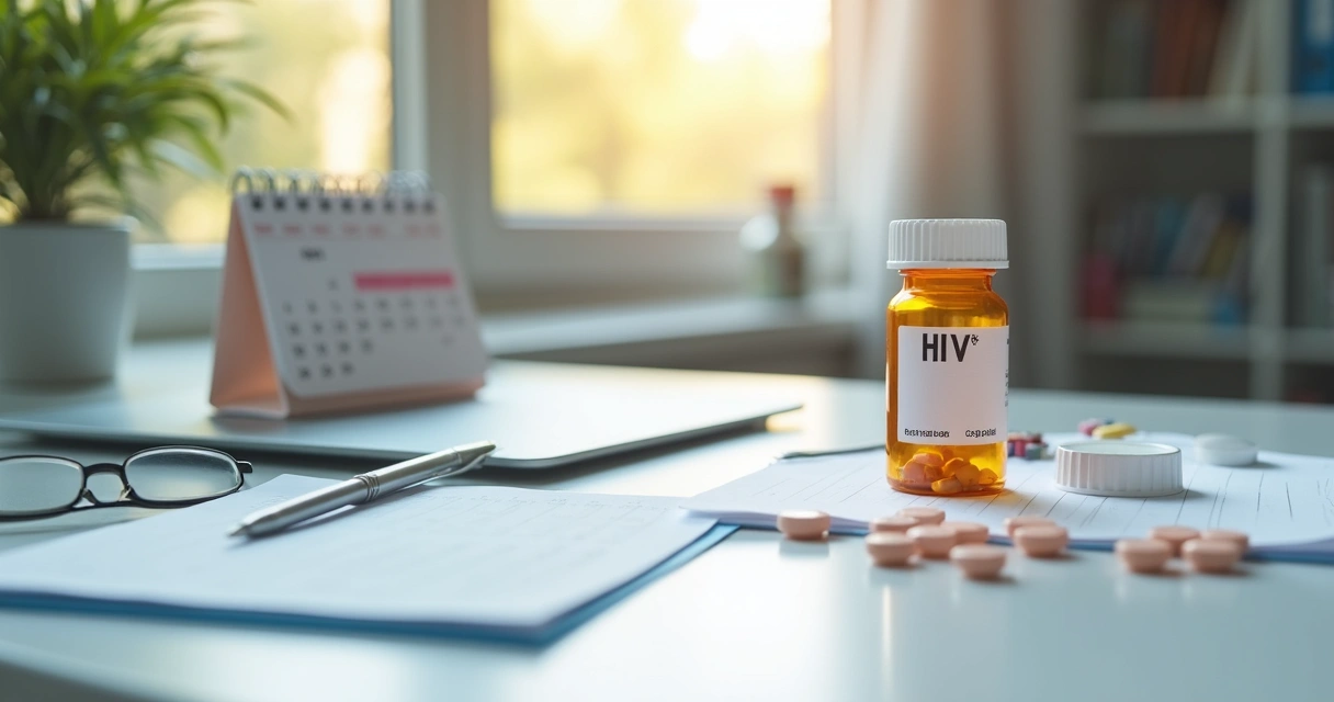Agenda médica, comprimidos e frasco de remédio para HIV sobre uma mesa