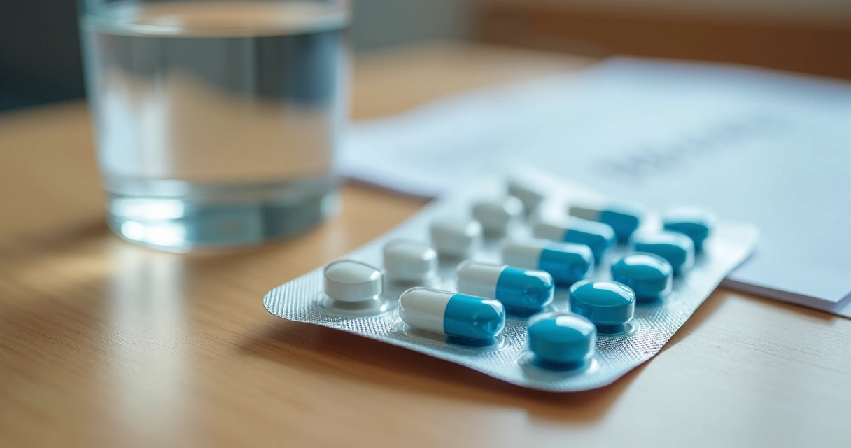 Comprimidos em embalagem sobre mesa de madeira 