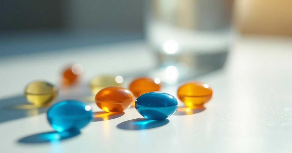 Comprimidos de diferentes cores em uma superfície branca 