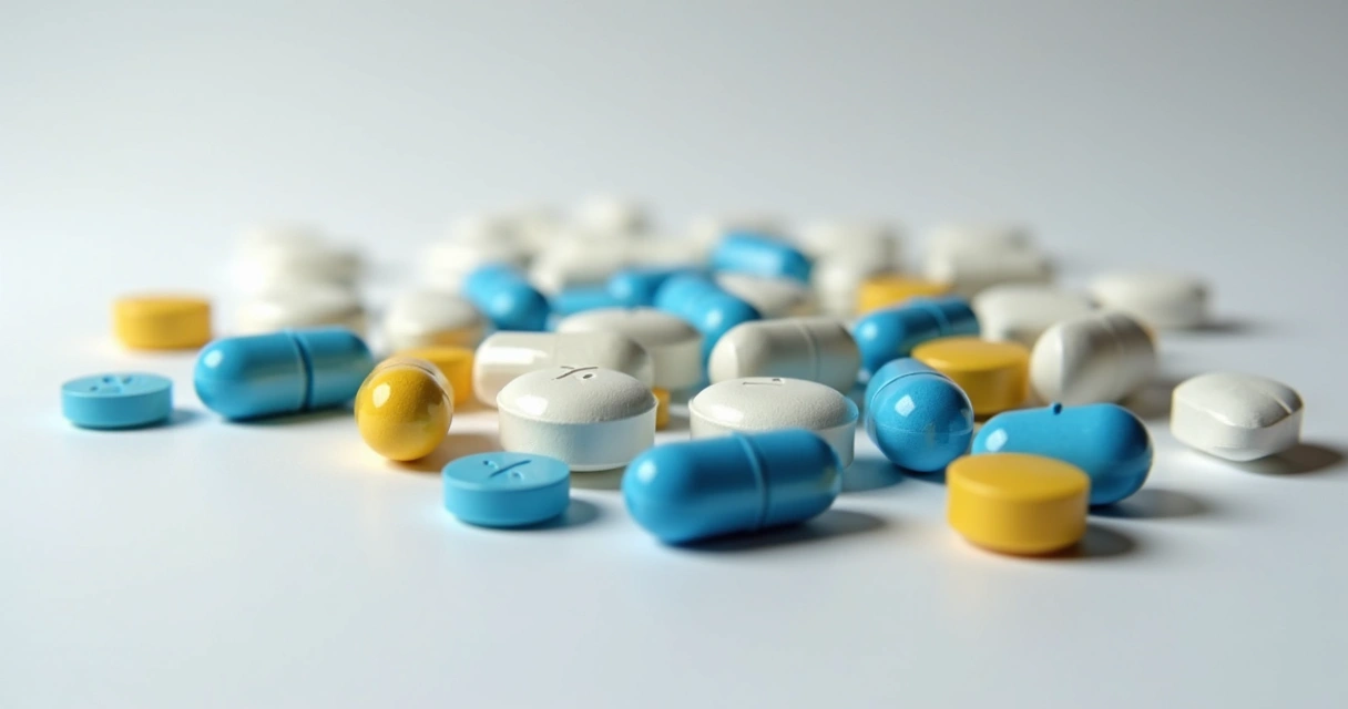 Comprimidos de diferentes cores espalhados sobre superfície branca 