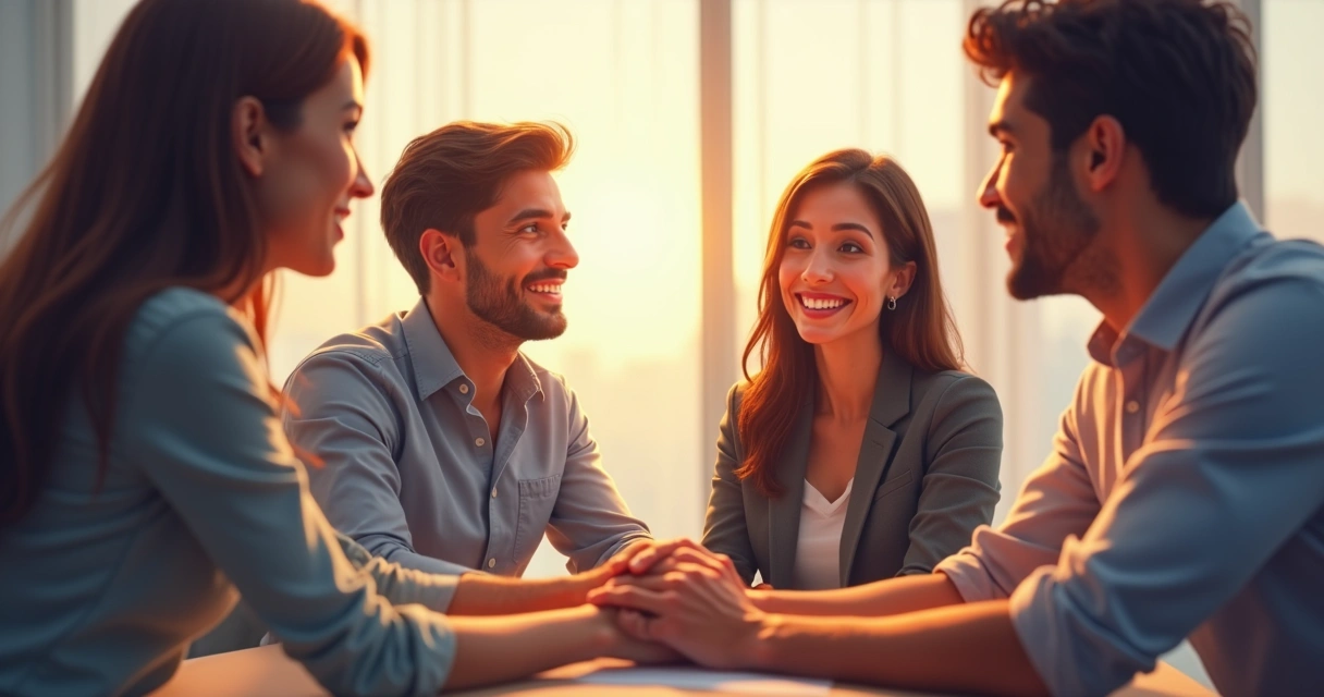 Grupo cerrando la conversación con una promesa o gesto de acuerdo 