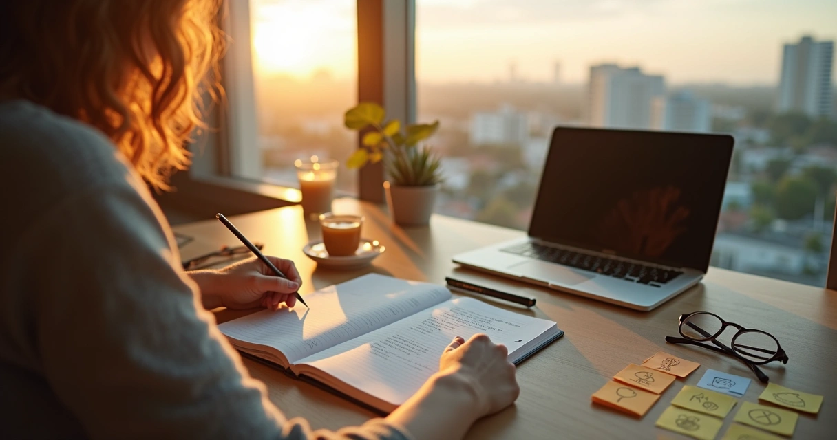 Persona escribiendo compromisos éticos en un cuaderno rodeado de símbolos de futuro sostenible 
