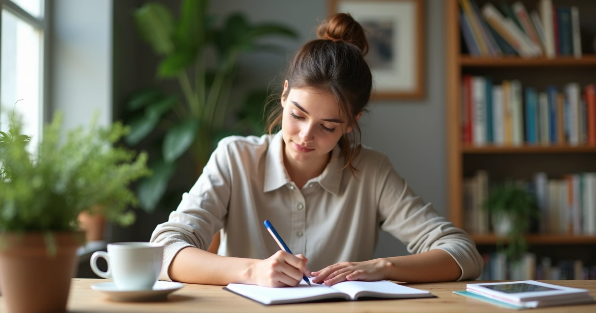 Persona escribiendo metas en una libreta junto a una taza de café 