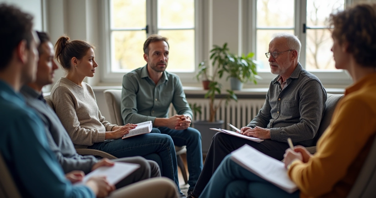 Grupo de pessoas em roda, discutindo tema com atenção e empatia.