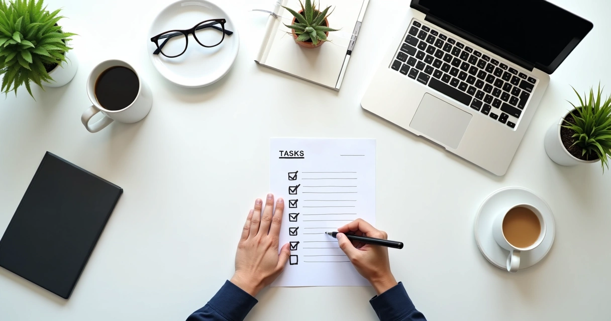 Pessoa marcando tarefas concluídas em checklist no notebook. 