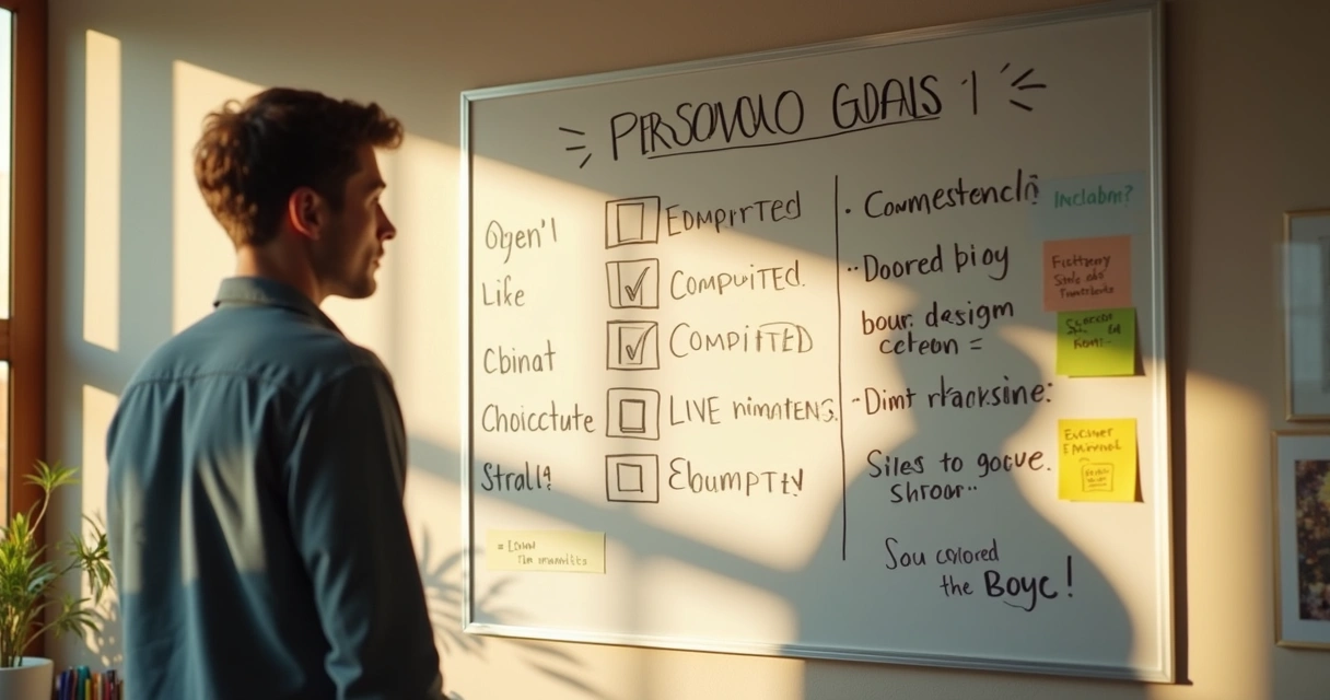 Pessoa olhando um quadro de metas pessoais pendurado na parede