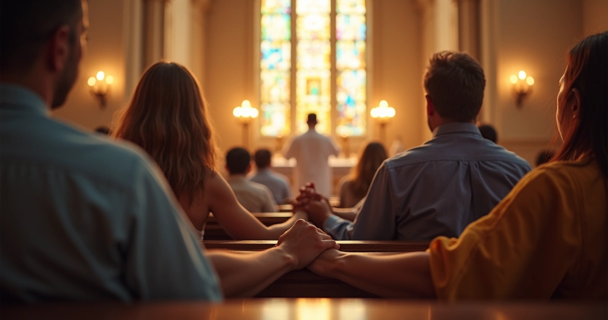 Grupo diverso de pessoas rezando unidas em igreja durante missa 