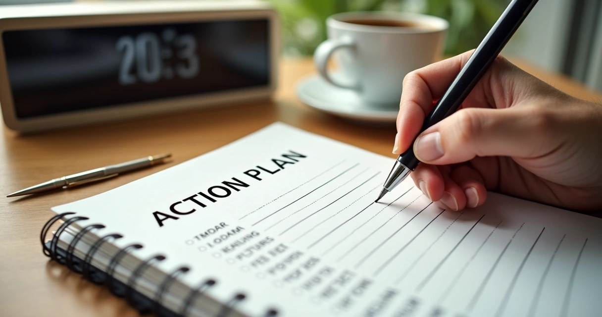 Pessoa escrevendo plano de ação em um caderno