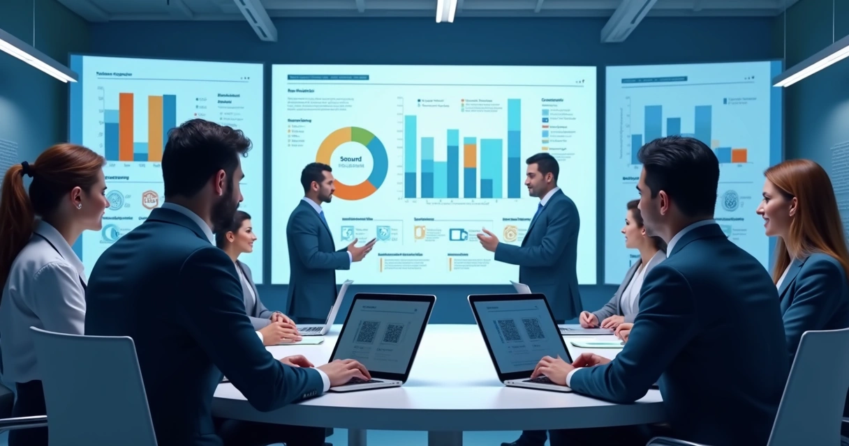 Profissionais analisando métricas de avaliação digital com gráficos interativos em ambiente corporativo