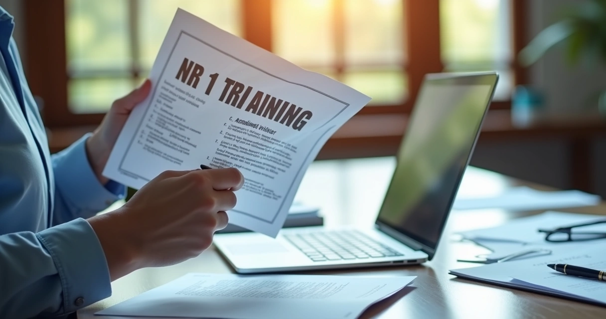 Pessoa segurando certificado de treinamento NR-1 com computador e documentos ao redor 