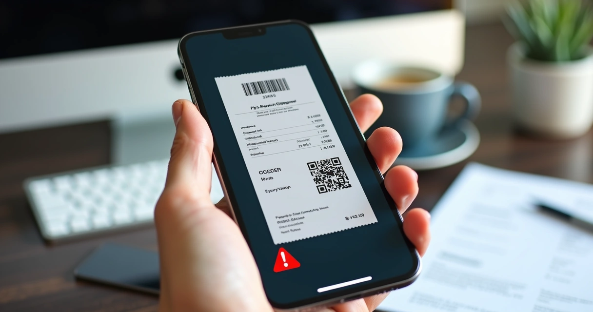 Tela de smartphone mostrando foto de comprovante de Pix suspeito com elementos de edição e alerta de fraude 