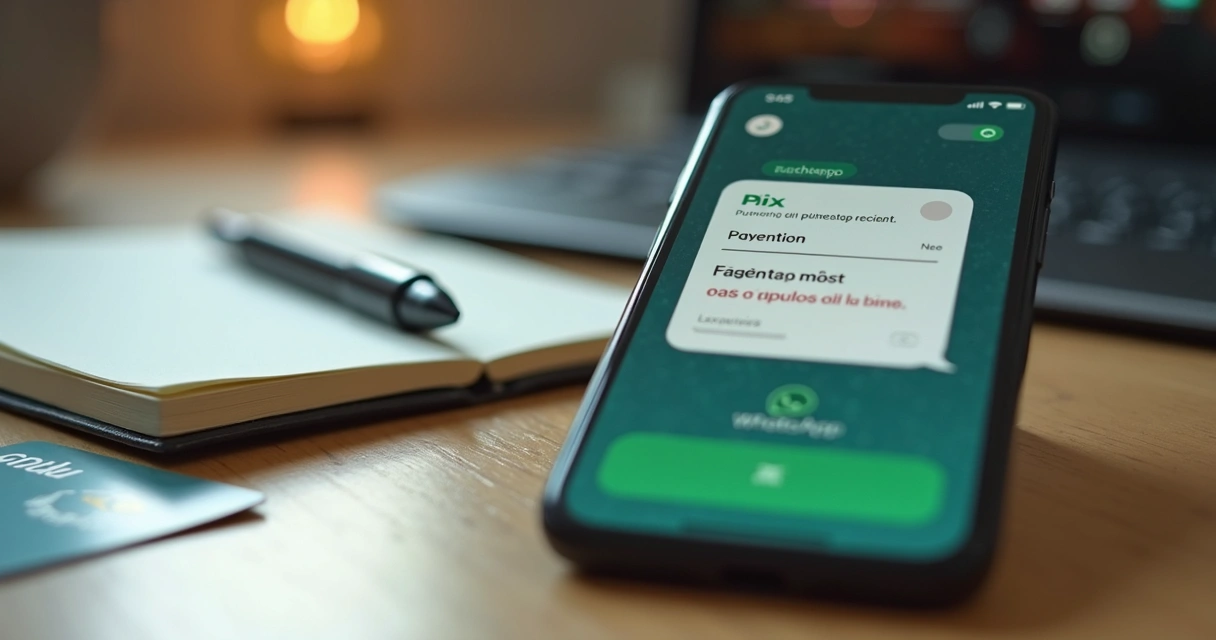 Celular com comprovante Pix e confirmação de pagamento no WhatsApp