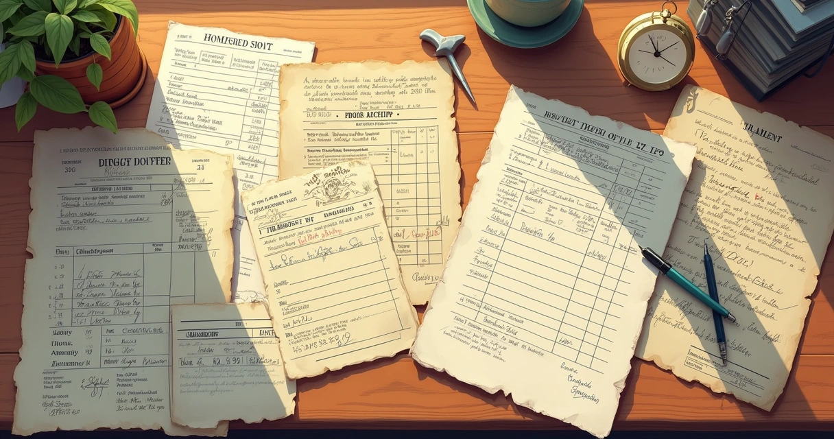 Recibos antigos e contas sobre uma mesa 