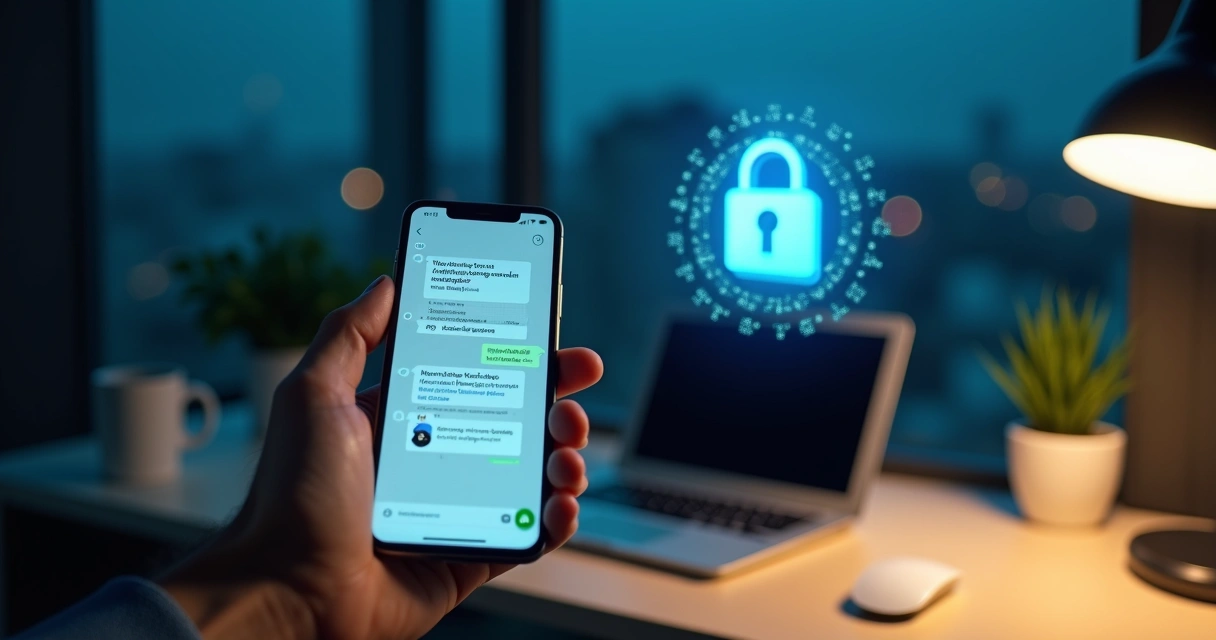 Pessoa segurando celular com comprovante de pagamento no WhatsApp ao lado de cadeado digital 