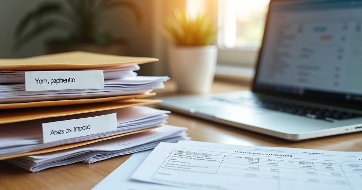 Documentos e recibos organizados em pastas e computadores