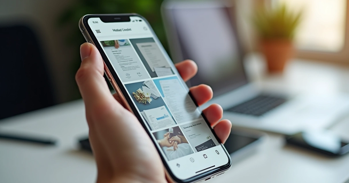 Uma mão segurando celular exibindo galeria de fotos de comprovantes. 
