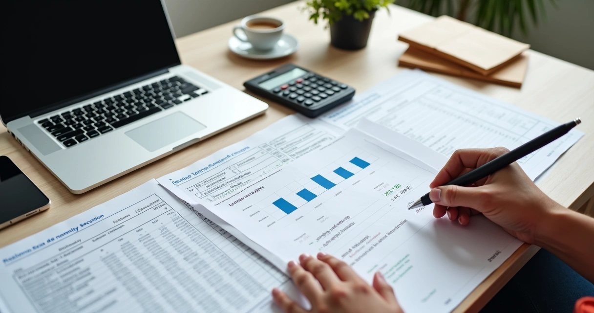 Mesa com documentos fiscais de aluguel, notebook e calculadora organizados 