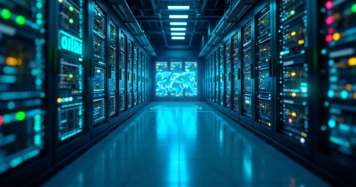 Ilustração realista de servidores modernos conectados a dispositivos de rede em uma sala de data center iluminada em tons azuis e verdes, destacando processos de computação de borda para empresas em ambiente tecnológico avançado 