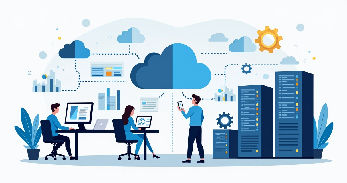 Ilustração corporativa mostrando computador dividindo tela entre computação em nuvem e servidores locais com elementos de ícones de nuvem e racks de servidores 