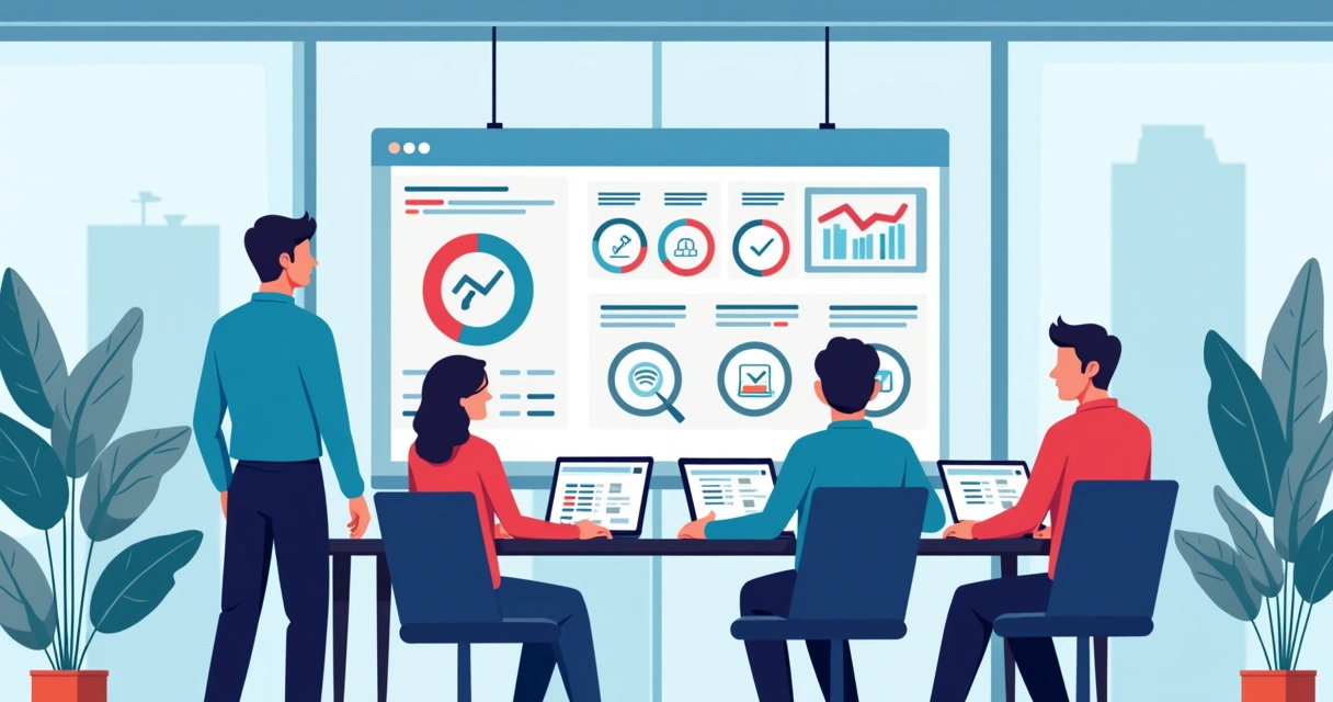 Equipe de TI de empresa média usando painel de computação em nuvem visual 