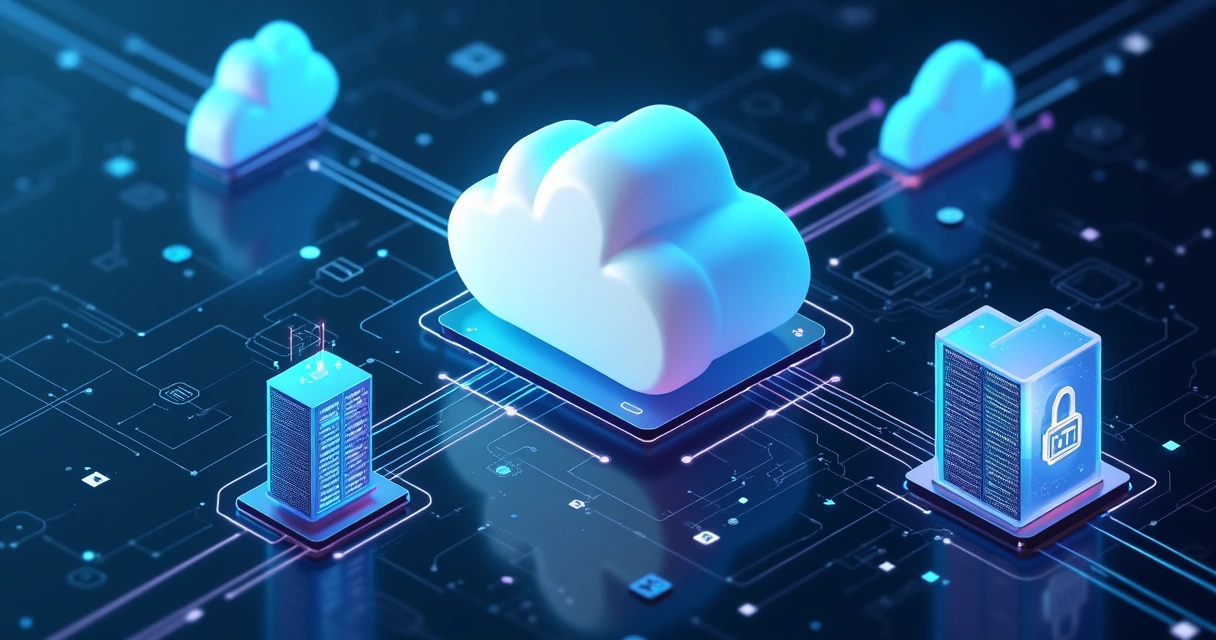 Conceito de computação em nuvem com nuvens conectadas a diferentes servidores e ícones de tecnologia 
