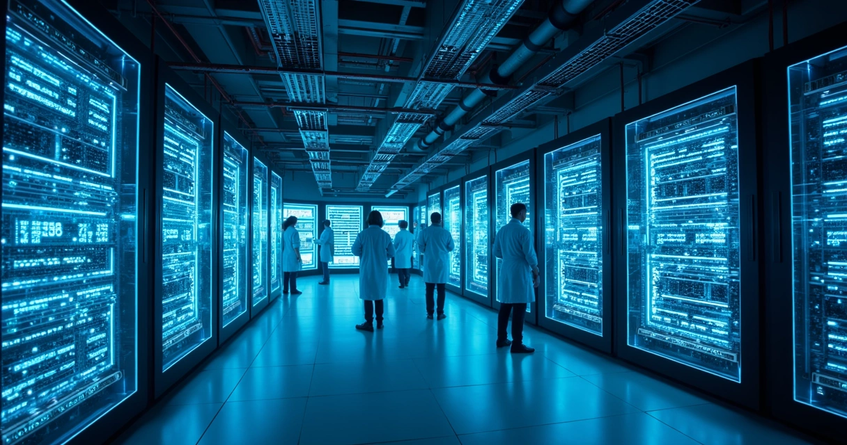 Sala de servidores futuristas brilhando com luzes azuis 