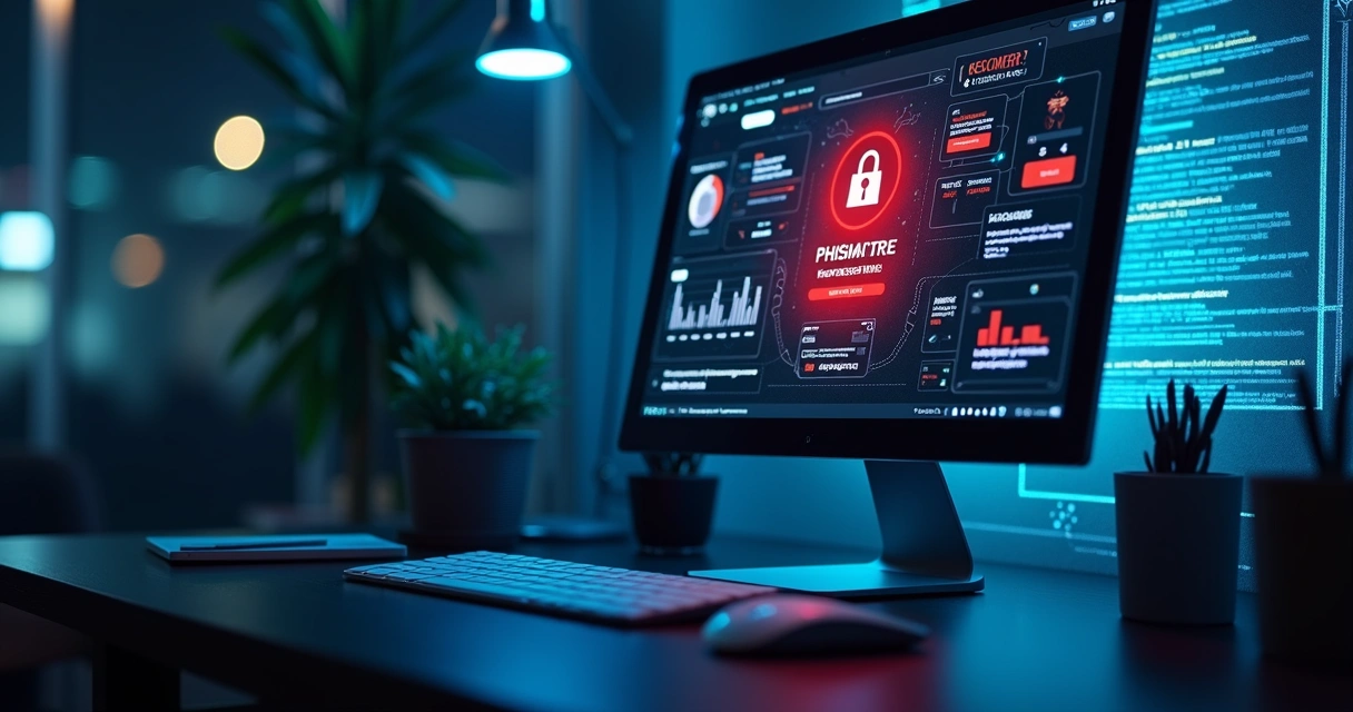 Tela de computador mostrando alerta de phishing com detalhes digitais de segurança 