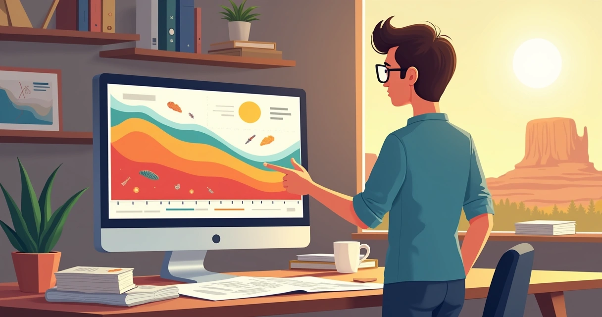 Geólogo analisando camadas geológicas em computador