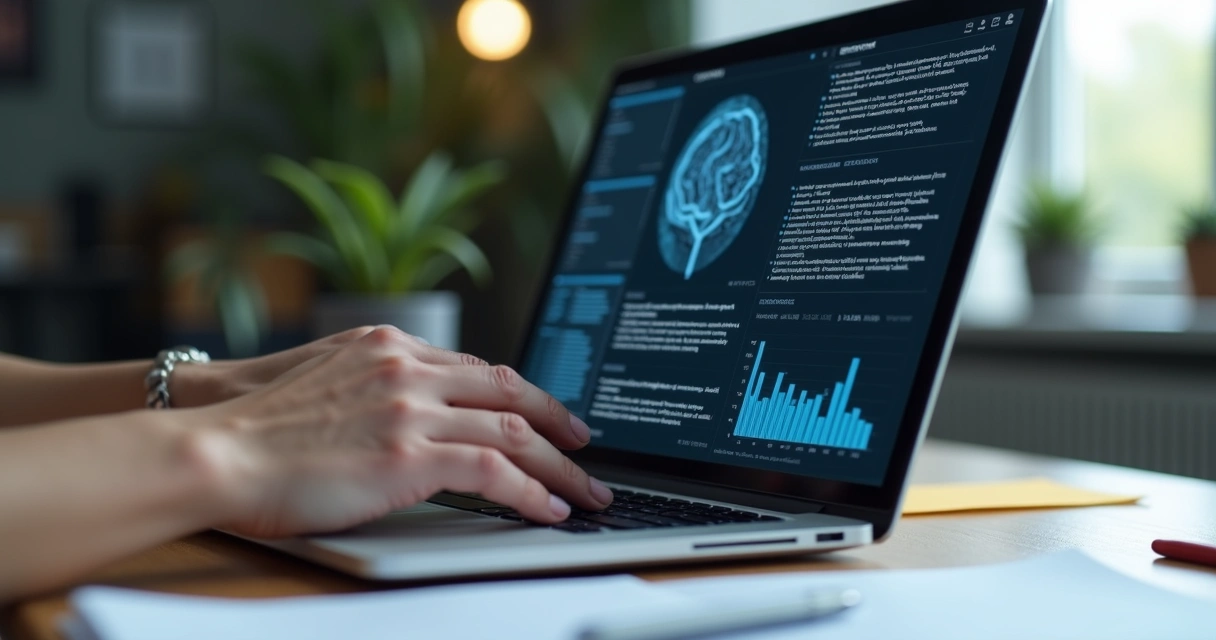 Mão usando computador com gráficos e textos digitais na tela 