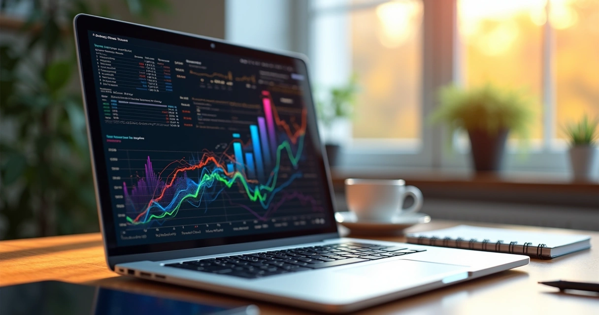 Computador analisando dados e gráficos 