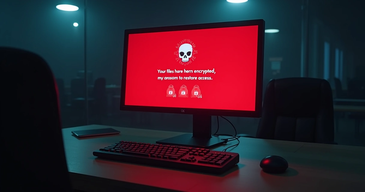 Tela de computador exibindo mensagem de solicitação de pagamento por resgate de arquivos 