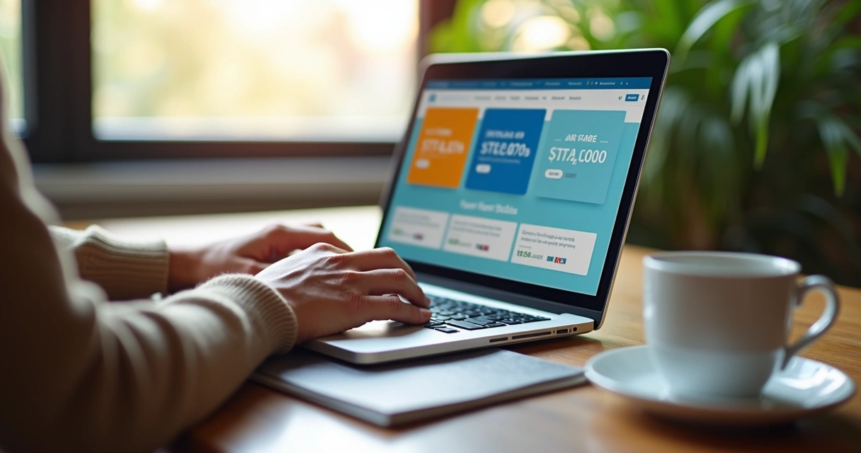 Pessoa pesquisando promoções de passagens aéreas no notebook 