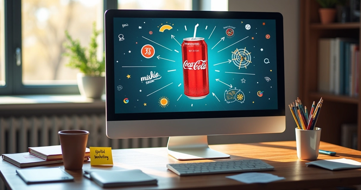 Computador exibindo campanha de refrigerante icônico 