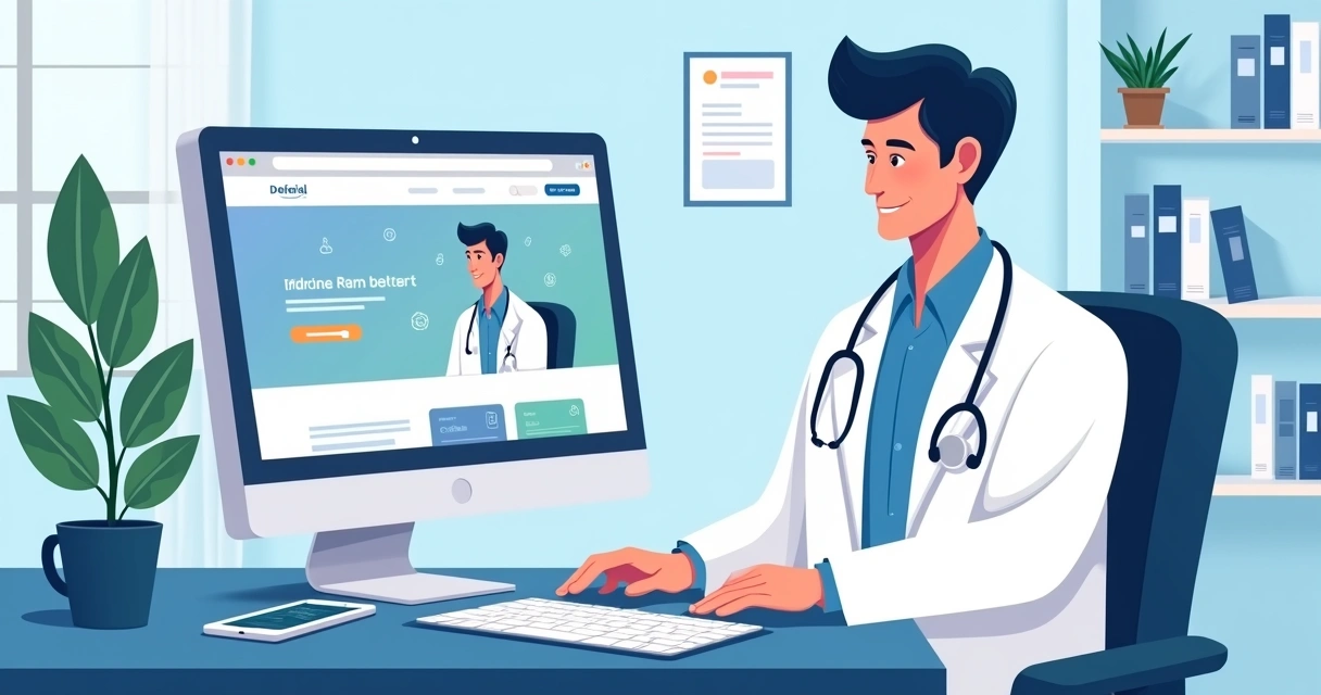 Computador com página de clínica médica na tela 
