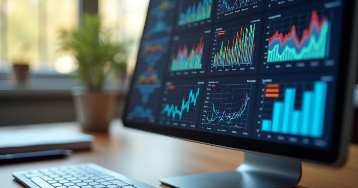 Tela de computador com gráficos de IA e dados