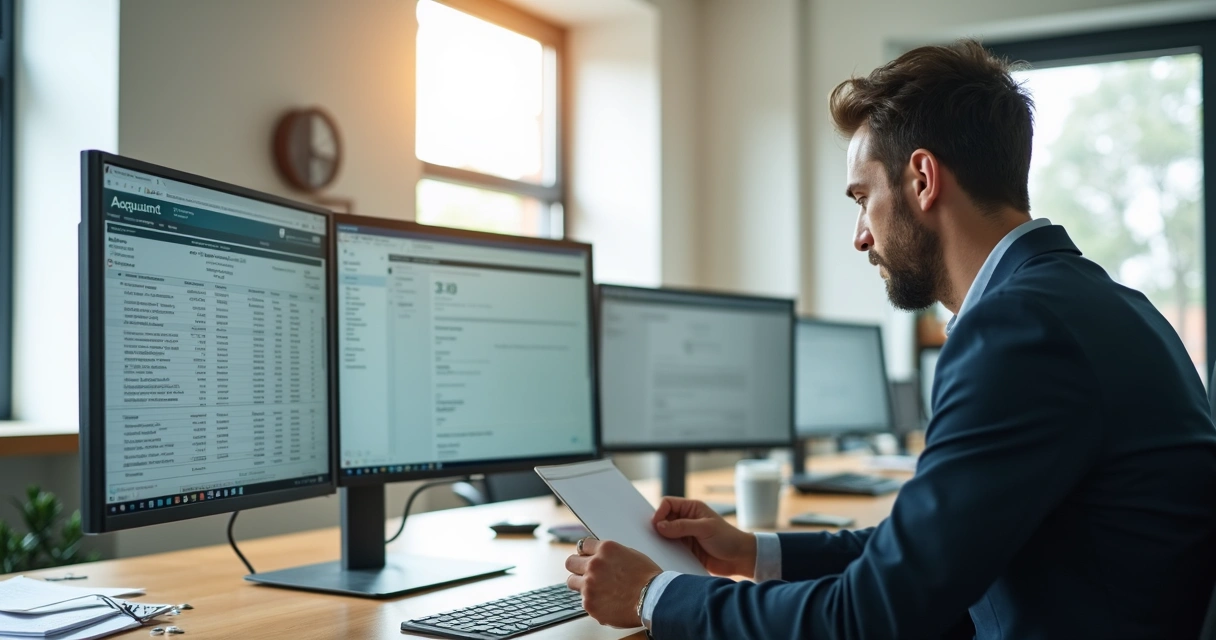 Pessoa analisando computador com diversos sistemas abertos na tela 