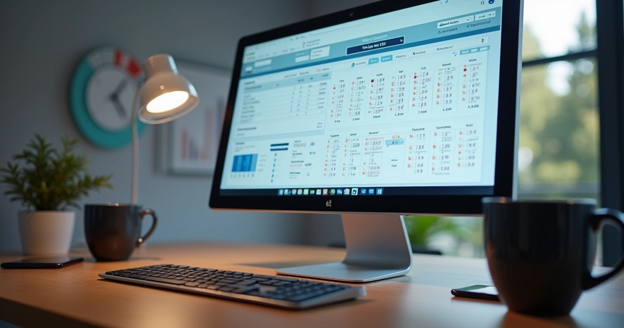 Computador com tela exibindo calendário fiscal e notas digitais 