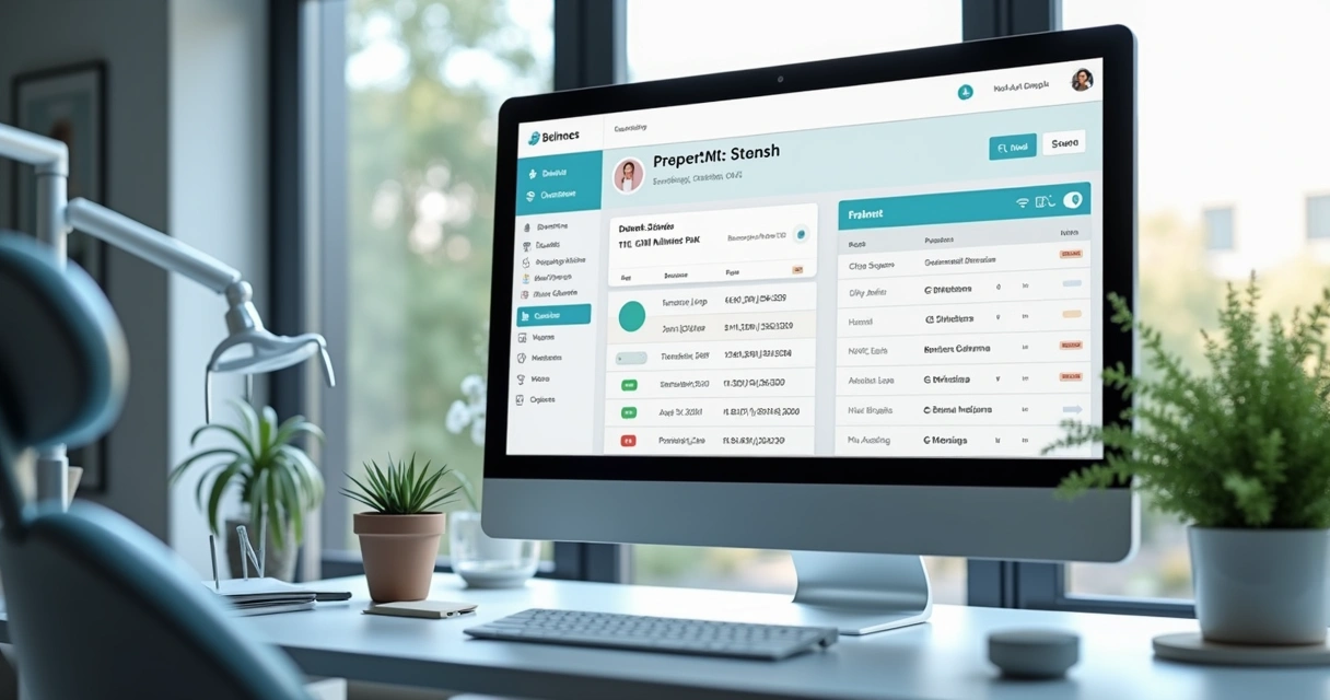 Tela de computador com CRM aberto em consultório odontológico 