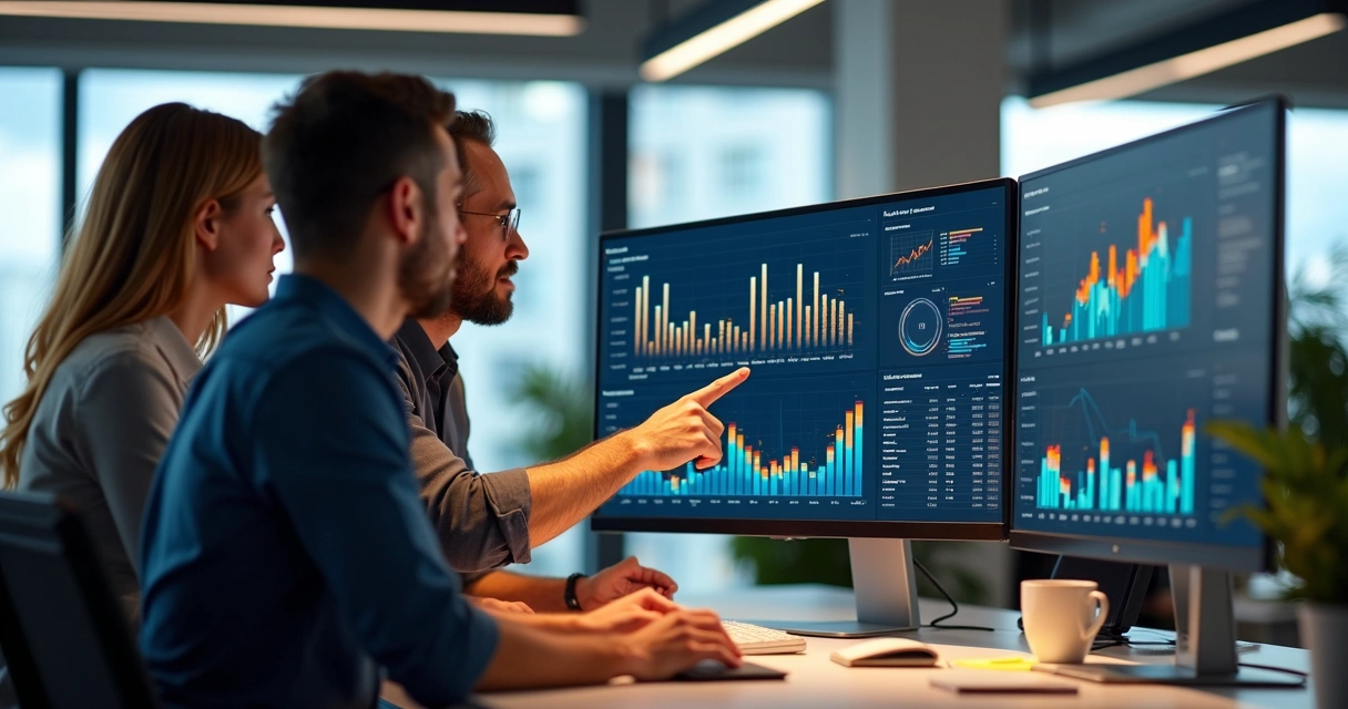 Equipe analisando dados em computador moderno 