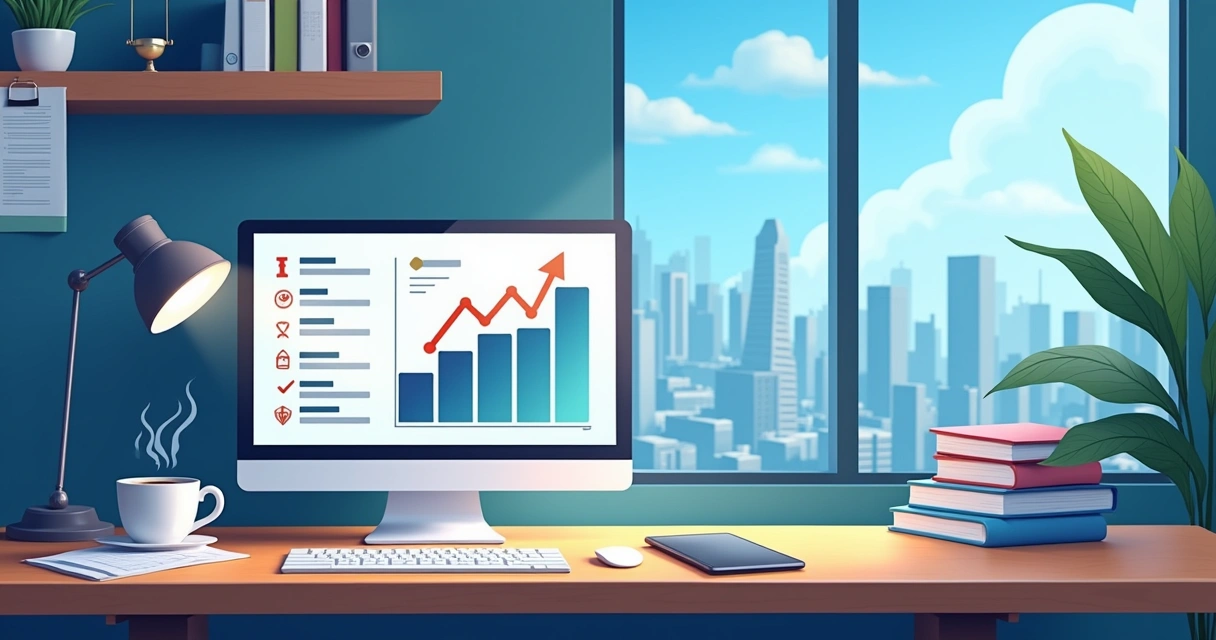 Computador em um escritório com gráficos de economia, documentos digitalizados e símbolos de segurança.