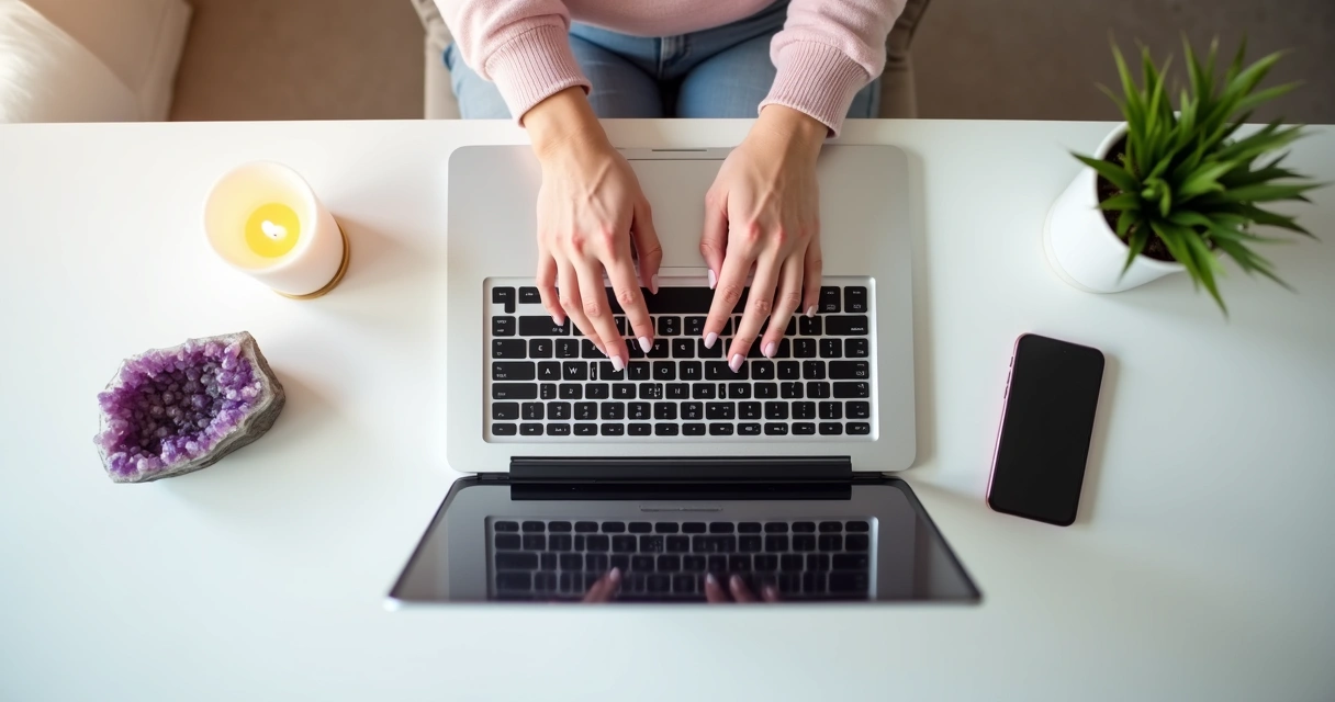 Cristal e vela branca ao lado de notebook aceso 