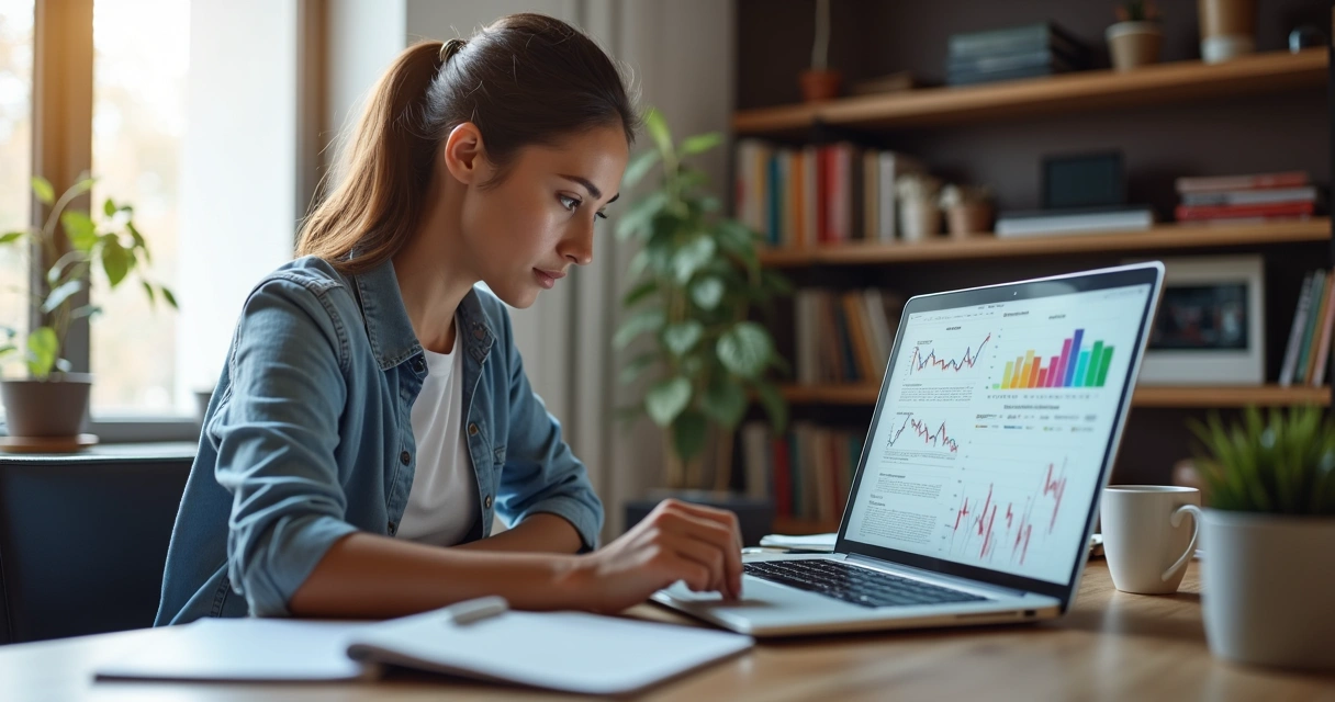 Pessoa estudando tendência de mercado em notebook 